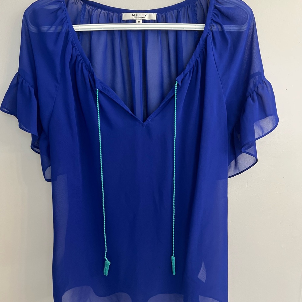 Milly Women’s Sheer Flutter Sleeve Blouse Blue Size Medium